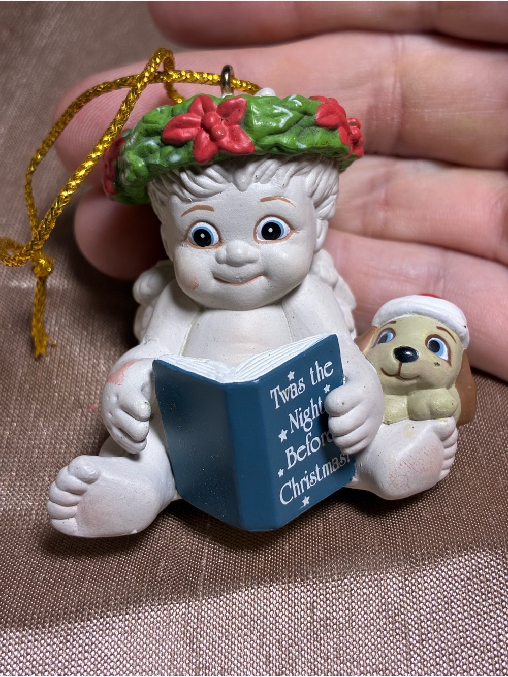 Dreamcycles White Cherub CHRISTMAS Holiday Ornament - with a puppy